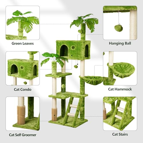 77in Cat Tree with Leaves for Indoor Cats Large Adult,Tall Cat Tower with Scratching Post, Large Cat Tree with Two Cat Condos, Soft Hammocks