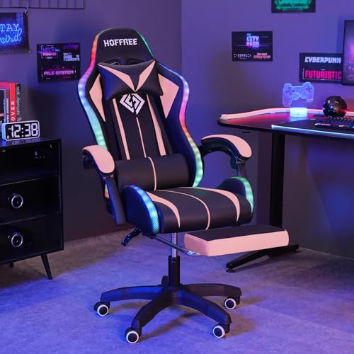 HOFFREE RGB Gaming Chair with Speakers Massage Computer Gaming Chair with LED Lights and Footrest High Back Video Game Chair for Adults Blue and Black