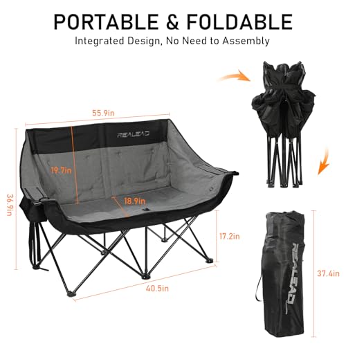 REALEAD Heated Double Camping Chair, 3 Heat Levels and 4 Heating Zones, Portable Heated Loveseat Chair for Outdoor Sports Support 650lbs