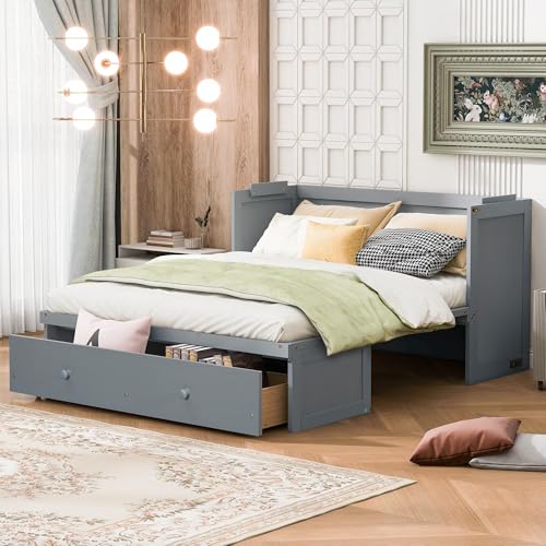 Harper & Bright Designs Queen Size Murphy Bed Cabinet, Solid Pine Wall Bed Chest with USB
