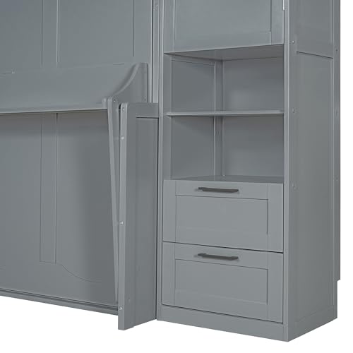 Queen Size Murphy Bed Wall Bed with Desk and Closet,Drawers and Shelves,for Small Spaces Studio Study Office Guest Room Use (Gray#Desk, Queen)