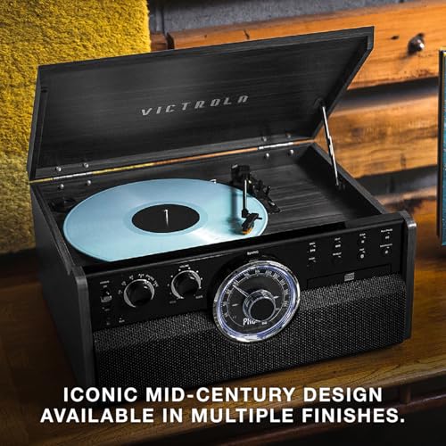 Victrola The Empire Mid-Century 6-in-1 Turntable & Multimedia Center with Built-in Speakers – 3 Speed, Bluetooth Connectivity, Radio