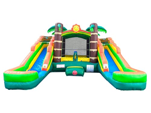 Pogo Bounce House Crossover Tropical Inflatable Bounce with Double Inflatable Water Slides for Kids, 16.5 x 15 x 11 Foot, Bouncy House