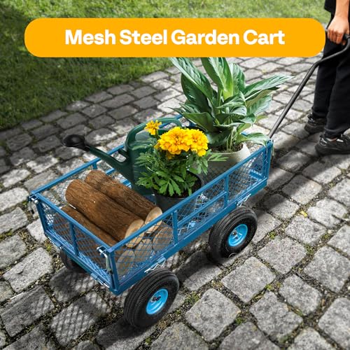 VIVOHOME Heavy Duty 880 Lbs Capacity Mesh Steel Garden Cart Folding Utility Wagon with Removable Sides and 4.10/3.50-4" Wheels 10 inch Tire (Black)