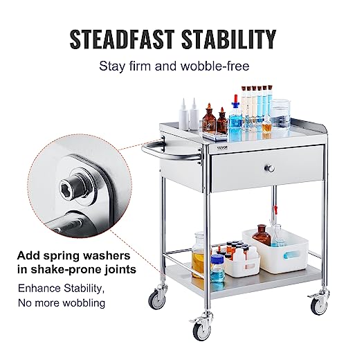 VEVOR Shelf Stainless Steel Utility Cart Catering Cart with Wheels Medical Dental Lab Cart Rolling Cart Commercial Wheel Dolly Restaurant Dinging