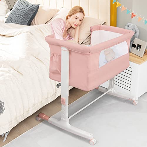 BABY JOY Bassinet Bedside Sleeper, 3 in 1 Folding Crib w/Adjustable Height, Mattress, Lockable Wheels, Storage Pocket & Carry Bag for Infant Newborn