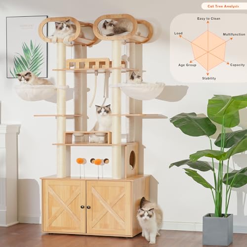 Heybly Cat Tree with Litter Box Enclosure, 76.8-inch Wooden mainecoons Cat Tower with Food Station,Extra Large Platforms