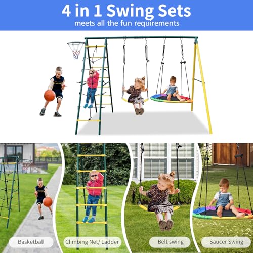 Metal Swing Sets for Backyard for Kids 3-12, 6 in 1 Swing Sets, Heavy-Duty Playground Backyard Set with 2 Swings, Glider, Climbing Ladder and Rope