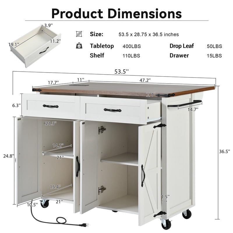 53.5''Farmhouse Kitchen Island with Power Outlet, Kitchen Storage Island with Drop Leaf, Spice Rack and Drawer, Rolling Kitchen Cart on Wheels