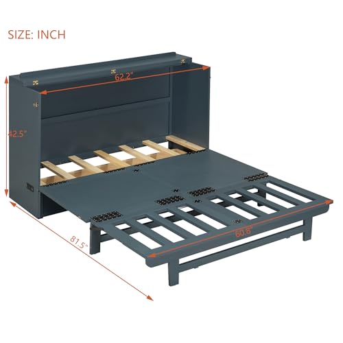 Harper & Bright Designs Full Size Murphy Bed Cabinet Wall Bed, Solid Pine Murphy Bed Chest with USB Ports