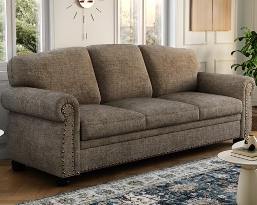 90 Inch Nailhead Trim Couch for Living Room, 23 Inch Deep Seat Rolled Arm Sofa, Comfy Upholstered 3 Seater Chenille Couch w/Wooden Leg