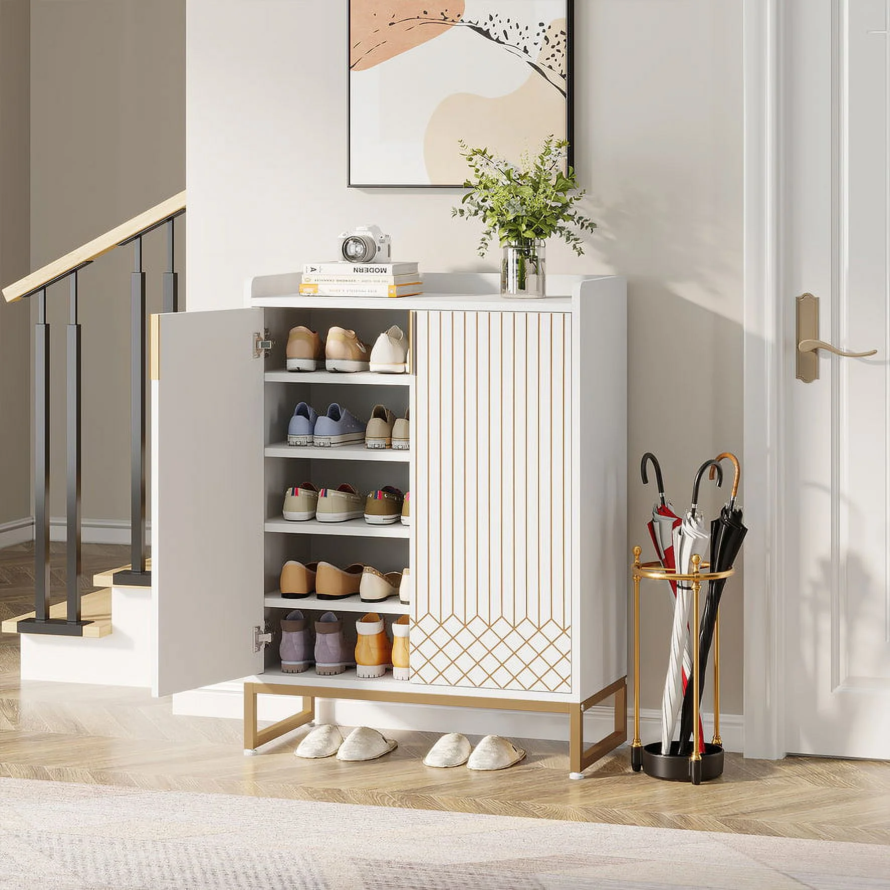 Tribesigns Shoe Cabinet for Entryway, 25 Pairs Shoe Cabinets with Doors, 5-Tier Wood Shoes Rack Organizer, White and Gold
