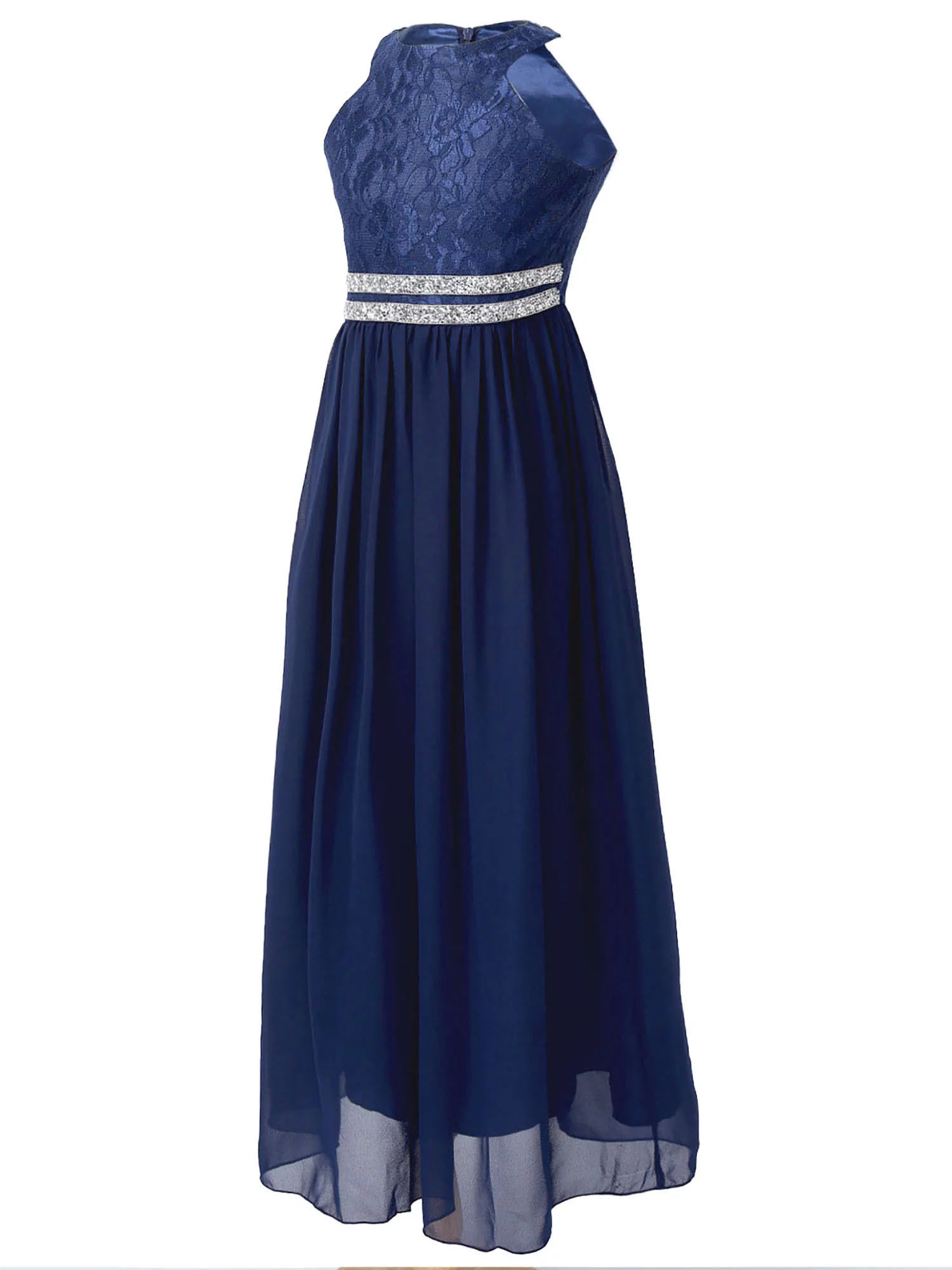 iiniim Kids Lace Floral Flower Girls Dress Sequins Halter Chiffon Dress Long Maxi Junior Bridesmaid Gown A Navy Blue 12 - Curated Treasures Market
