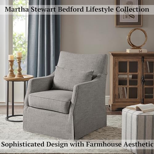 Martha Stewart London Swivel Chair - Solid Wood & Plywood, Skirted Metal Base Accent Armchair