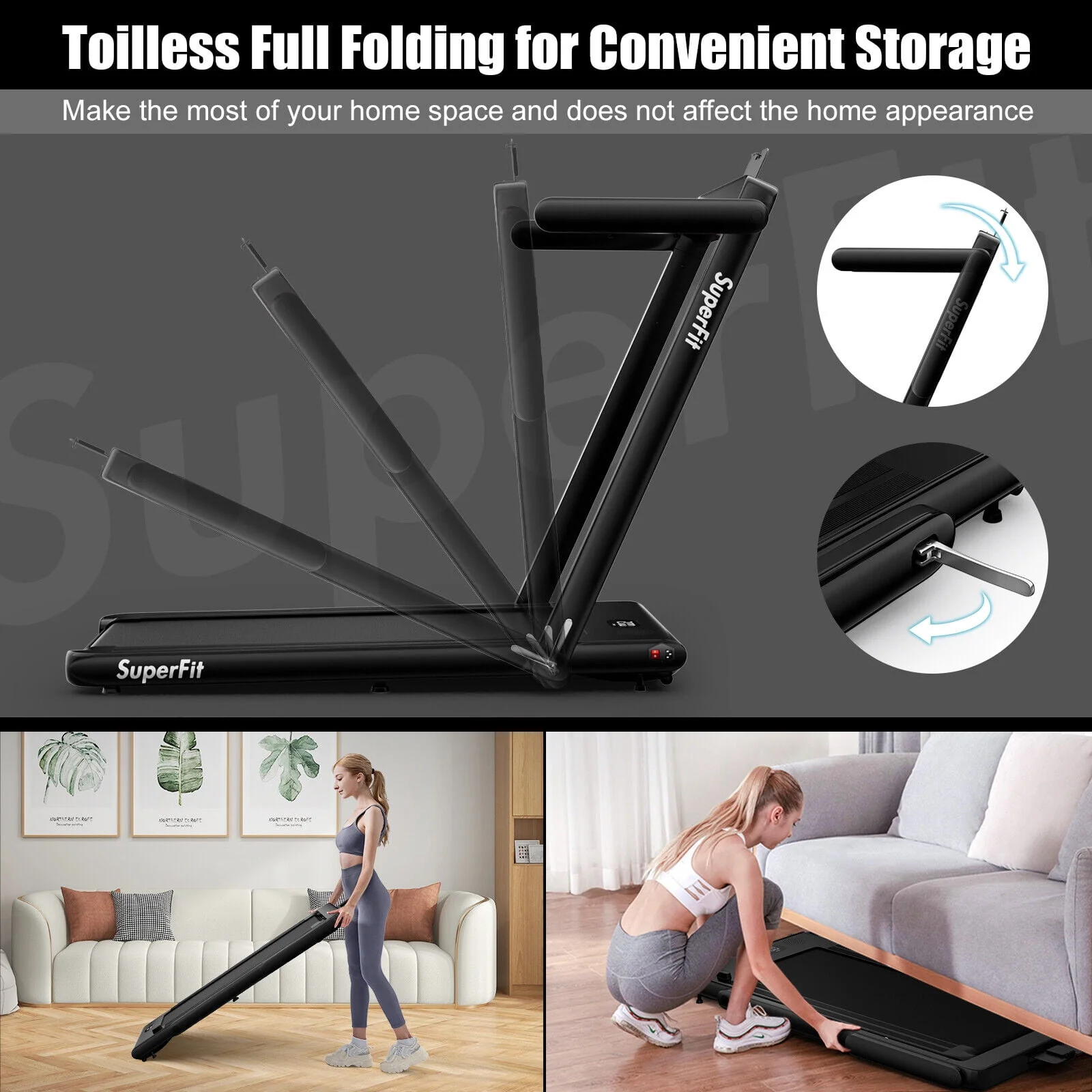 SuperFit Up To 7.5MPH 2.25HP 2 in 1 Single Display Screen Folding Treadmill W/ APP Control Speaker Remote Control Blue