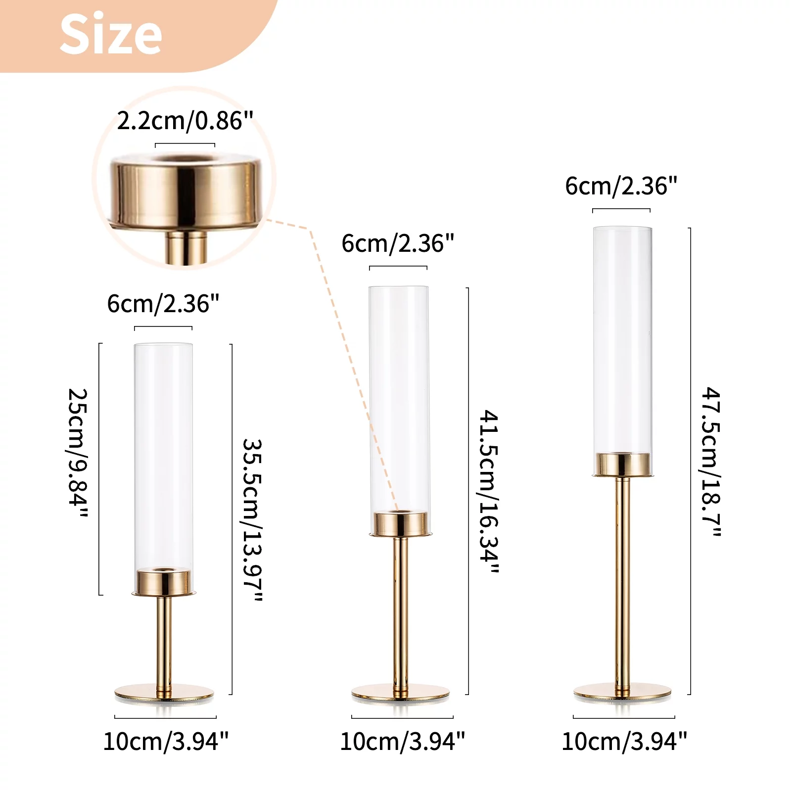 Nuptio Gold Taper Candle Holders with Hurricane Glass Tall Brass Candlestick Holder for Wedding Christmas Table Centerpiece Set of 6