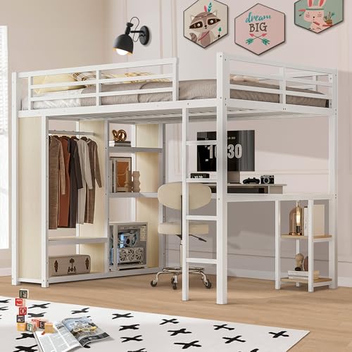 Queen Heavy Duty Metal Loft Bed with L-Shaped Desk, Wardrobe & 5 Storage Shelves – Space-Saving Design for Kids, Teens, Adults – CPC Certified
