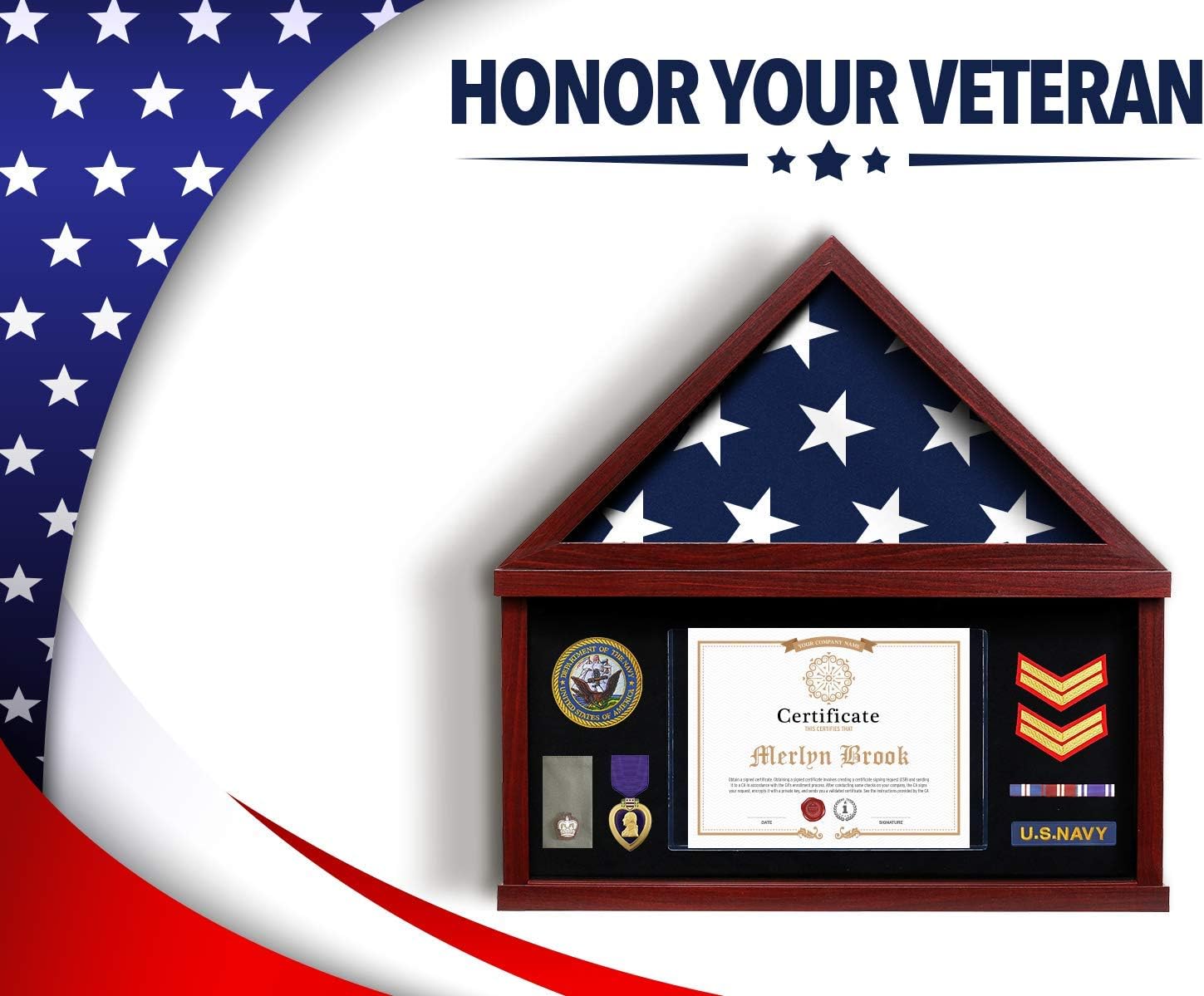 Flag Case for American Veteran Burial Flag Flag Display Case for Burial Flag Military Shadow Box 95% Clear with Felt Lining Holder for Medal Document