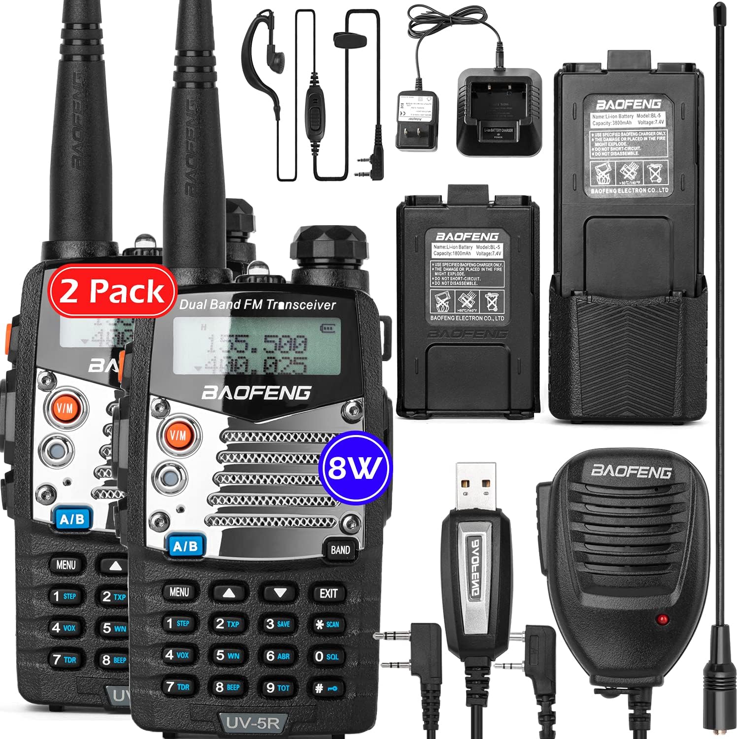 BaoFeng UV-5R Pro Ham Radio with 2 Rechargeable Battery, Dual-Band 2-Way Radio Handheld Walkie Talkies with Earpiece and Programming Cable (2 Pack)