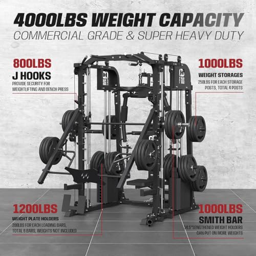 Commercial SmithMachine with Smith Bar, Home Gym Station with Dual Weight Stacks, 4000LBS Power Cage Squat Rack with Lever Arm, Leg Press