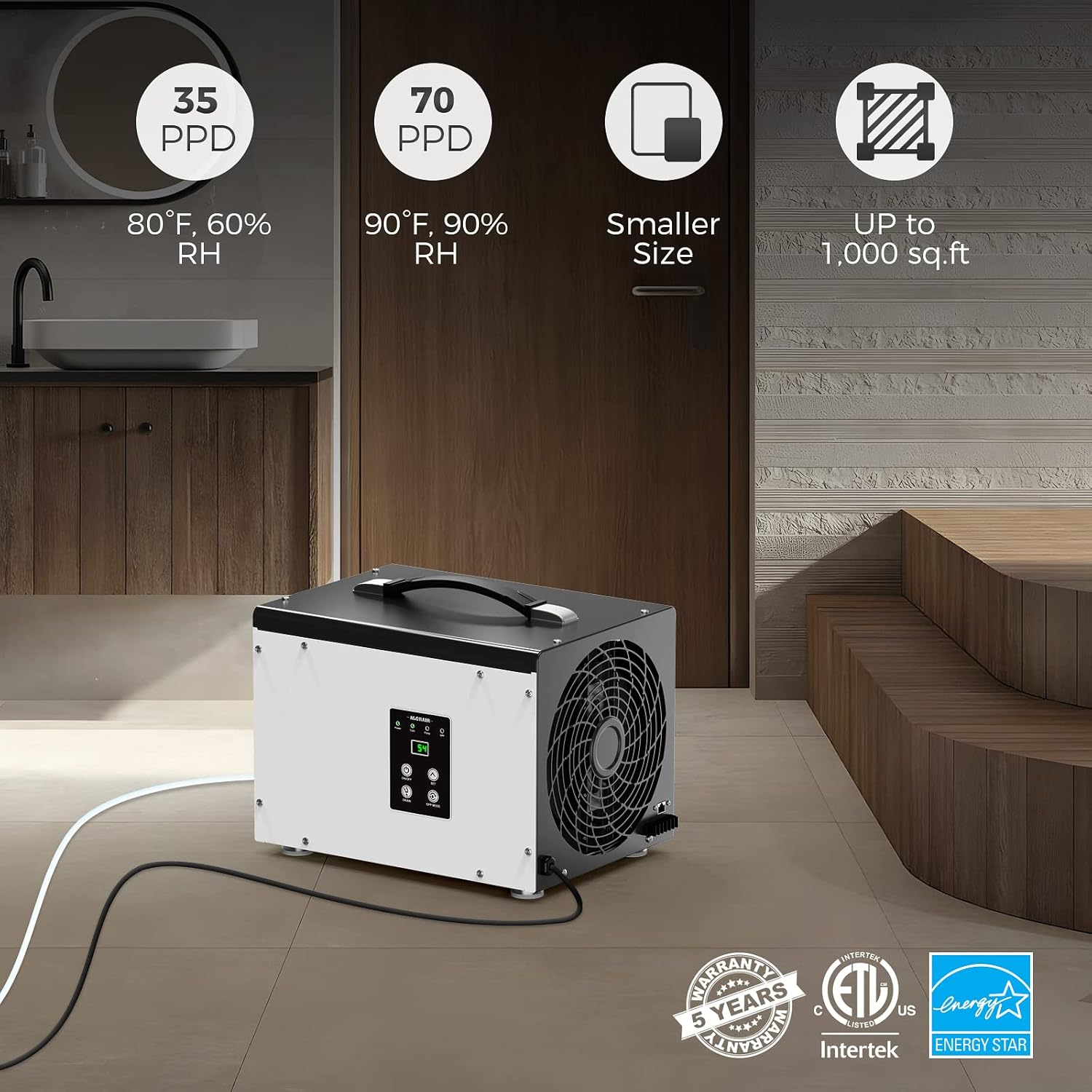 ALORAIR Crawl Space/Basement Dehumidifier 70 Pint Dehumidifier with Pump, Automatic Defrost, Up to 1000 Sq Ft Commercial Dehumidifier, Memory Start
