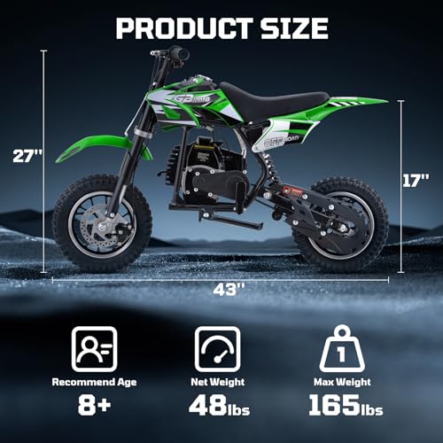 Kids 50cc Dirt Bike, 49cc Gas Dirt Bike for Kids 8-14, Gas Powered Mini Dirt Bikes, 2 Stroke Dirt Bikes, Max Load 165 Lbs