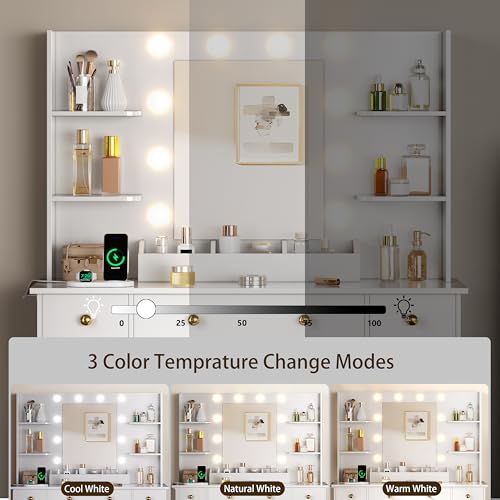 Vanity Desk with Mirror and Lights, Makeup Vanity with Charging Station & Vanity Stool
