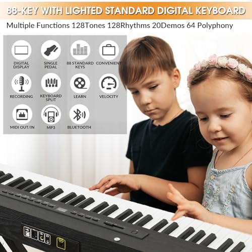 Digital Piano 88 Key Semi Weighted Keyboard, Piano Keyboard 88 Key for Beginners with Lighted Up Keys, Portable Electric Piano with Adjustable Stand