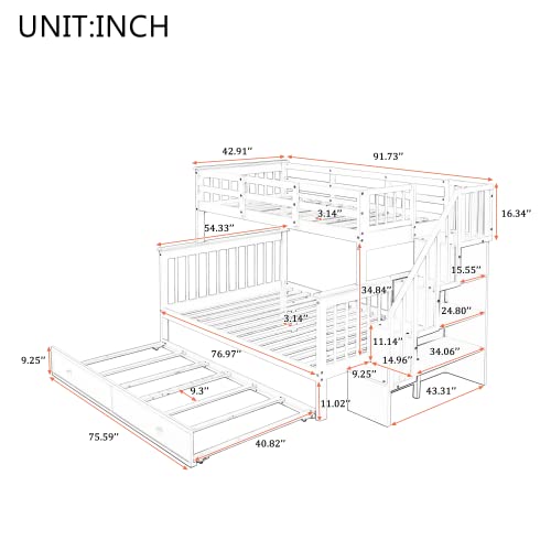 Harper & Bright Designs Twin Over Full Bunk Bed, Wood Twin Over Full Bunk Bed Frame with Trundle and Storage Shelves