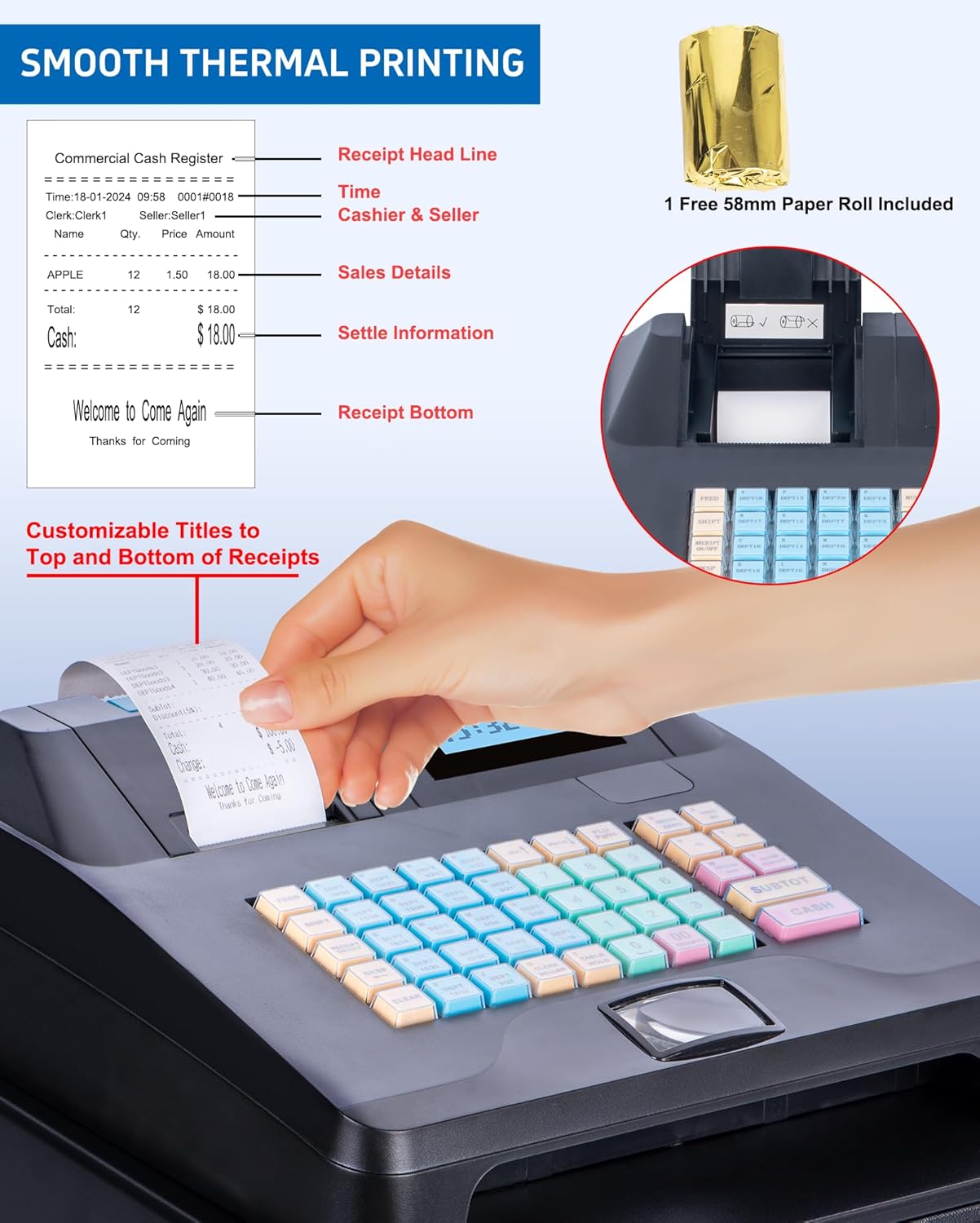 Cash Register for Small Businesses with Cash Drawer& Built-In Receipt Printer, Electronic Cash Registers with Dual Display for Cashier and Customer