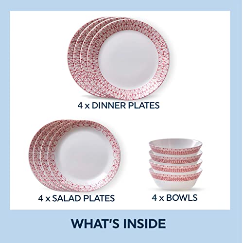 Corelle Everyday Expressions 12-Pc Dinnerware Set, Service for 4, Durable and Eco-Friendly, Higher Rim Glass Plate & Bowl Set
