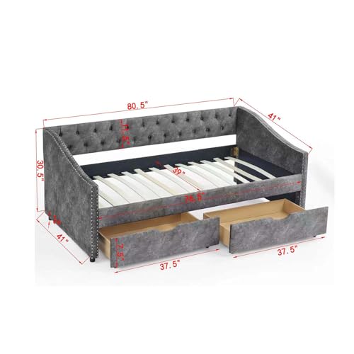 Wood Queen Size Daybed, Day Bed Frame with 2 Storage Drawers