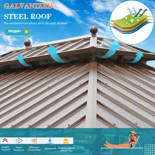 EROMMY 12'x20' Hardtop Gazebo Double Roof Galvanized Steel Canopy Outdoor Aluminum Frame Permanent Metal Pavilion with Netting and Curtains for Patio
