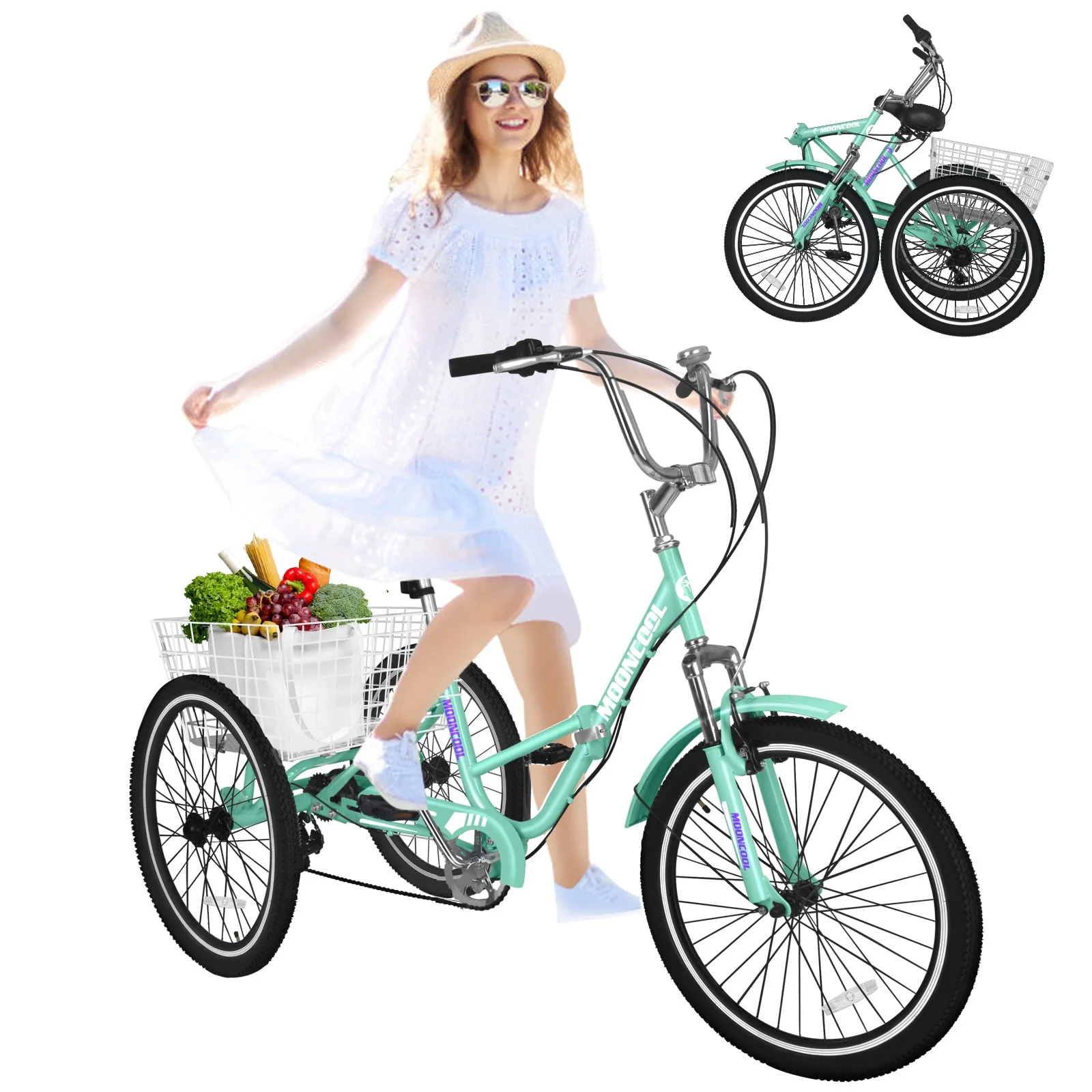 MOONCOOL Adult Folding Tricycle for Adults, 7 Speed 20/24/26 inch 3 Wheels Bikes with Basket, Foldable Tricycle for Adults, Women, Men, Seniors