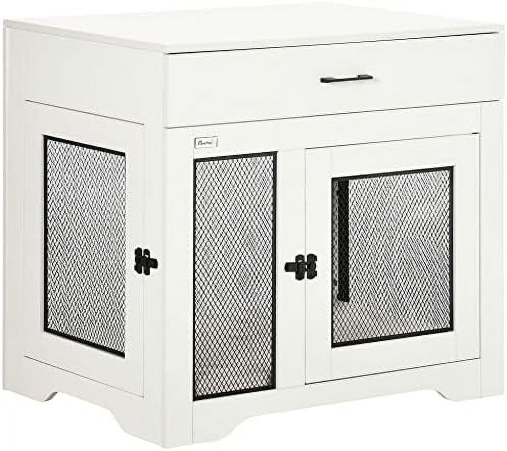 dog crate furniture with soft water-resistant cushion, dog crate end table with drawer, puppy crate for small dogs indoor with 2 doors, white