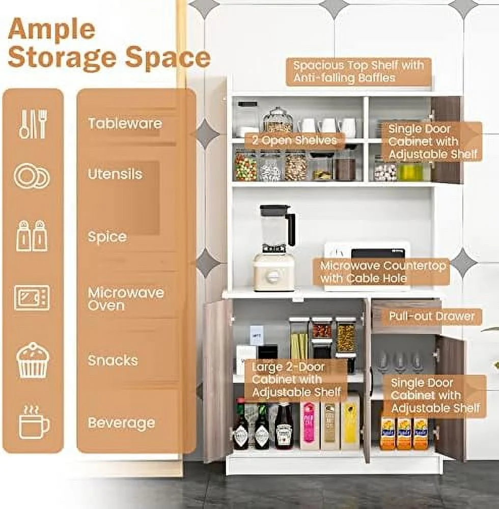 CCBIUOMBO Kitchen Pantry  Cabinet  71'' Freestanding Microwave Cupboard with 3 Cabinets