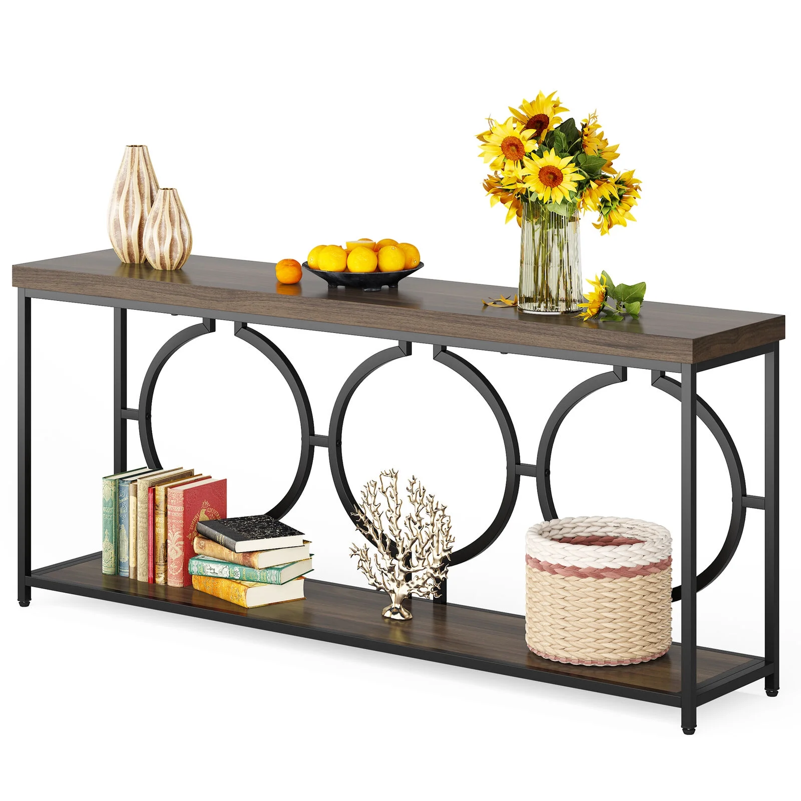 Tribesigns 70.9" Extra Long Console Table, Behind Sofa Couch, 2 Tier Entryway Table for Living Room Hallway, Rustic Brown & Black