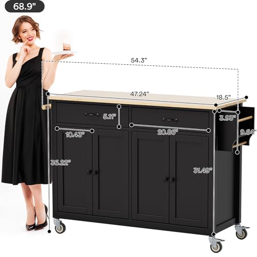 Rovibek Kitchen Island with Drawers 53 in Rolling Island Cart Mobile Solid Wood Portable Islands on Wheels with Storage Cabinet & Drawers, White