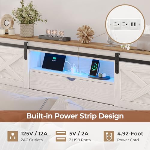 Hasuit Farmhouse Bed Frame California King Size with Storage Bookcase Headboard, Wooden Cal King Bed with LED Lights, Charging Station, 2 Drawers