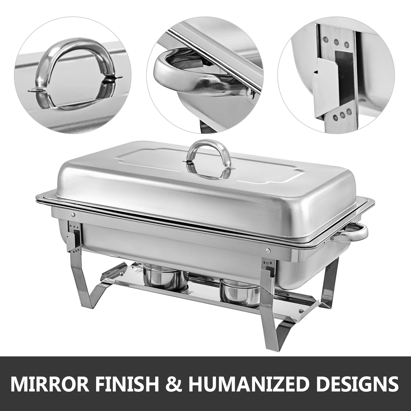 VEVORbrand Chafing Dish 4 Packs 9L/8 Quart Stainless Steel Chafer Full Size Rectangular Chafers for Catering Buffet Warmer Set with Folding Frame