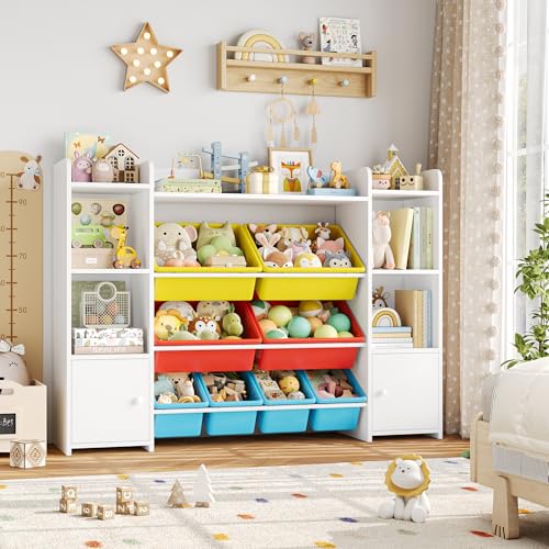 FOTOSOK 55''Large Toy Storage Organizer with 8 Toy Bins, Toy Organizers and Storage with Shelf and 6 Storage Cubbies, Bookshelf for Kids