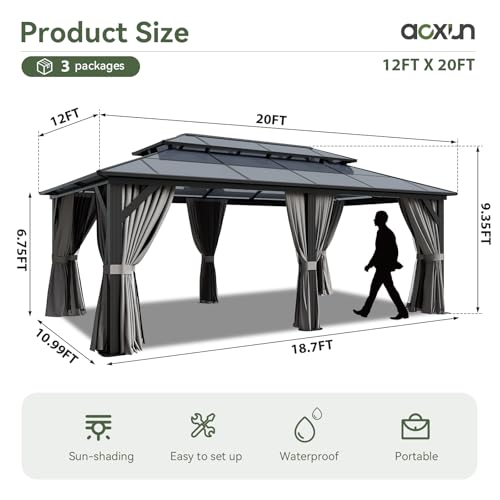 Aoxun 12'x10' Hardtop Gazebo, Aluminum Frame Permanent Pavilion with Curtains and Netting, Outdoor Polycarbonate Double Roof Canopy