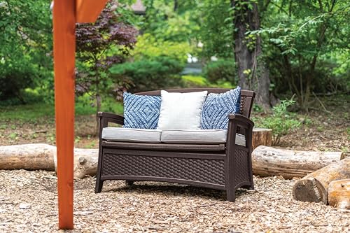 Suncast Elements Stylish Lightweight Loveseat Outdoor Seating with Convenient Built In Universal Storage, and All Weather Plastic, White
