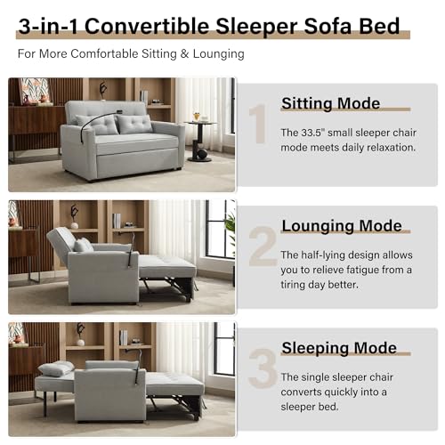 Convertible Loveseat Sleeper Bed, 3-in-1 Chaise Lounge Chair with Pillow and USB Charging, Reading Chair for Adults with Cup Holder, Side Pocket