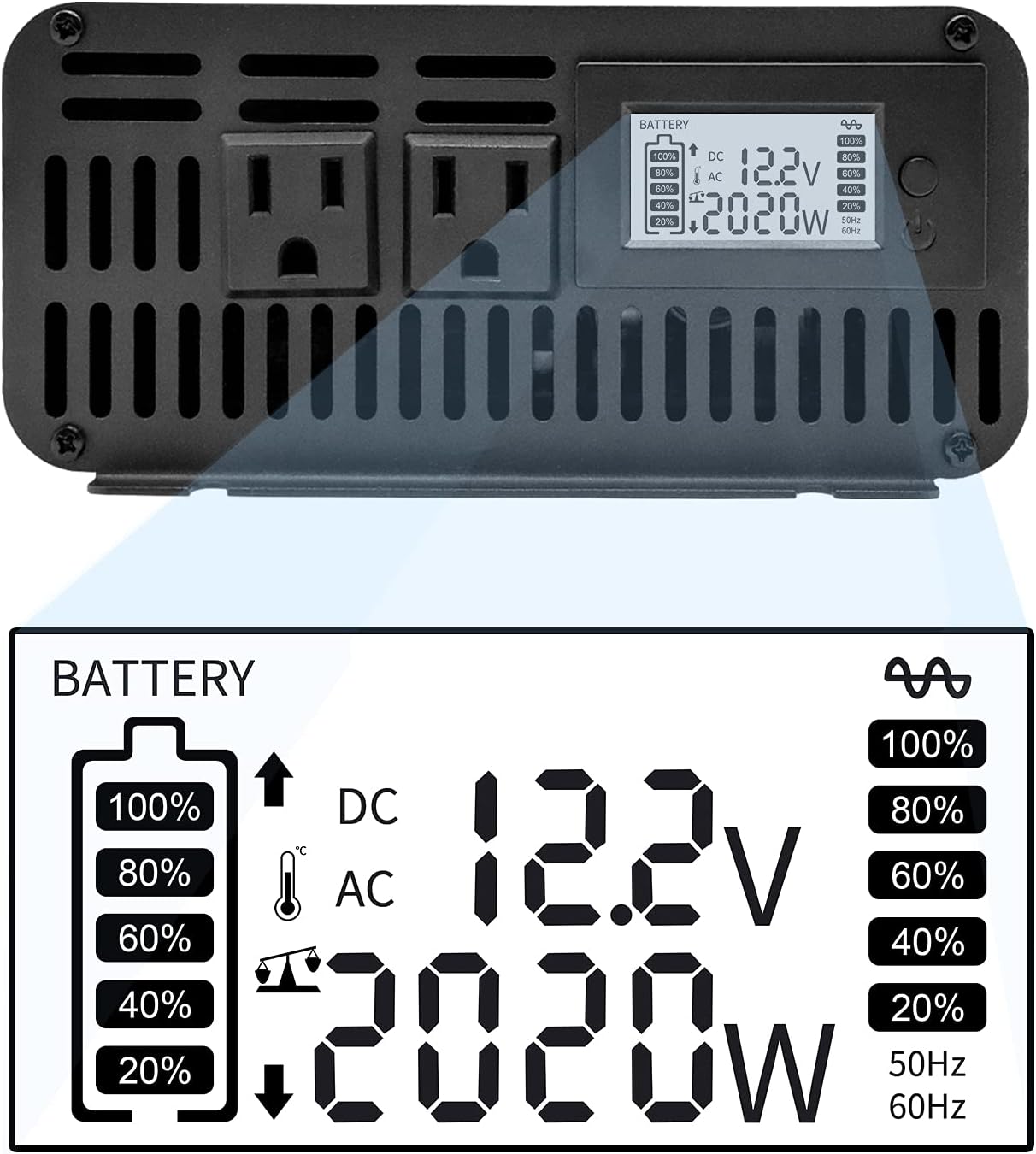 DATOUBOSS 3000W Power Inverter 6000W Peak Pure Sine Wave Inverter 12V DC to 110V AC with Dual AC Outlets & LED Display Car Converter(3000W 12-110V)