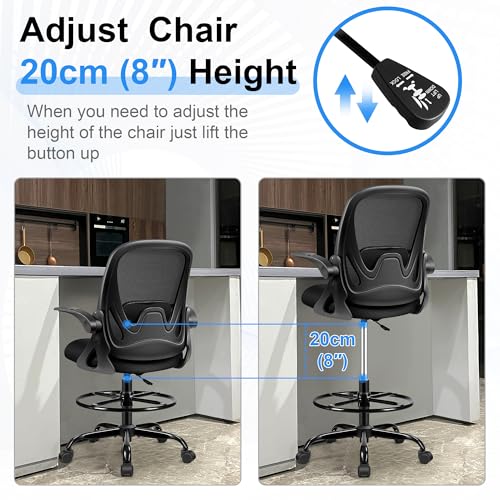 Primy Drafting Chair Tall Office Chair with Flip-up Armrests Executive Ergonomic Computer Standing Desk Chair with Lumbar Support and Adjustable