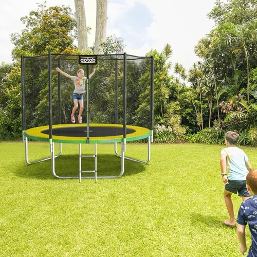 AOTOB 8FT 10FT 12FT 14 FT 15FT Trampoline with Safety Enclosure Net，Outdoor Trampoline with Basketball Hoop
