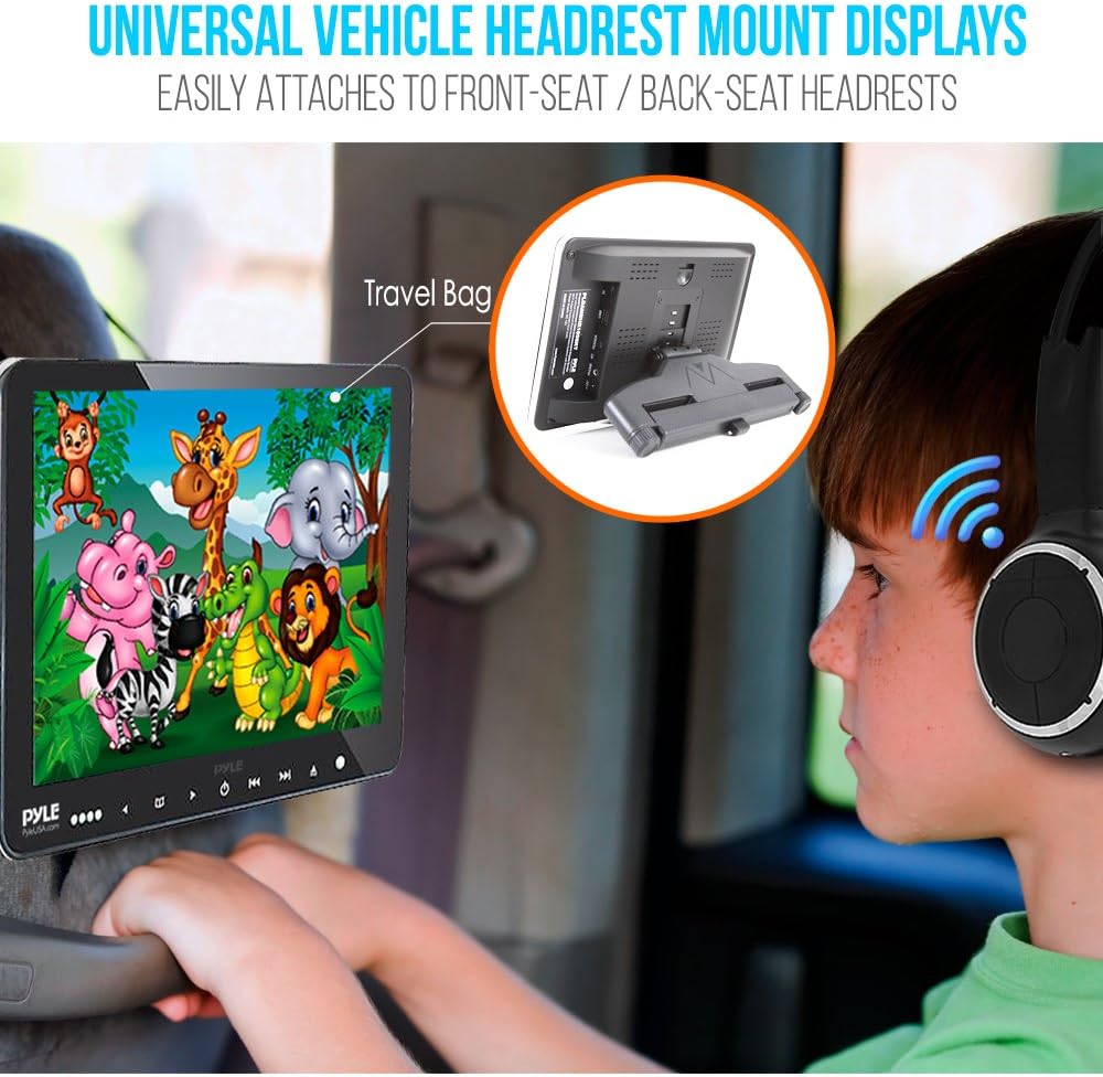 Pyle Universal Car Dual Headrest Monitor - 9.4 Inch Vehicle Multimedia CD DVD Player with Wireless Headphones - Audio Video Entertainment w/HDMI