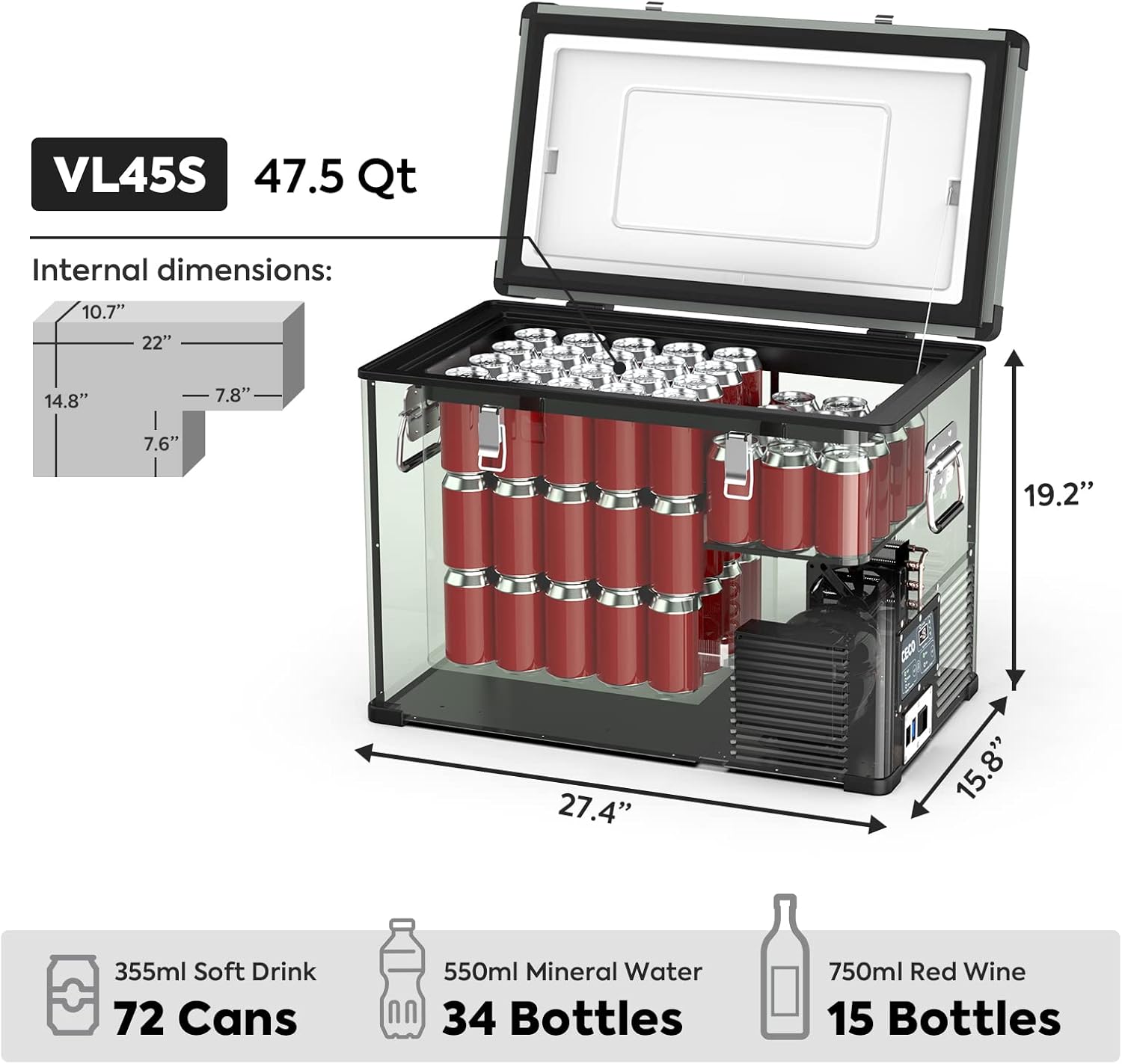 ICECO VL45 Portable Refrigerator with SECOP Compressor, 45 Liters Platinum Compact Refrigerator, DC 12/24V, AC 110-240V, 0℉ to 50℉