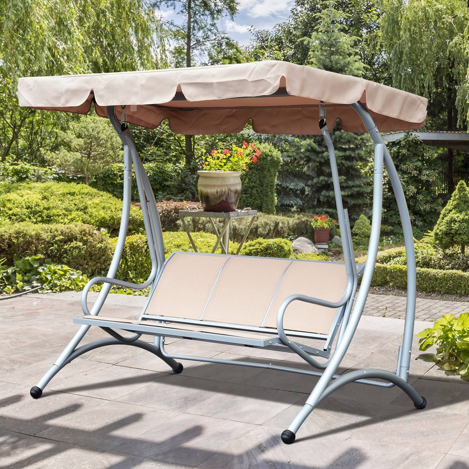 Outsunny 3 Person Steel Outdoor Patio Swing Chair with Canopy - Beige